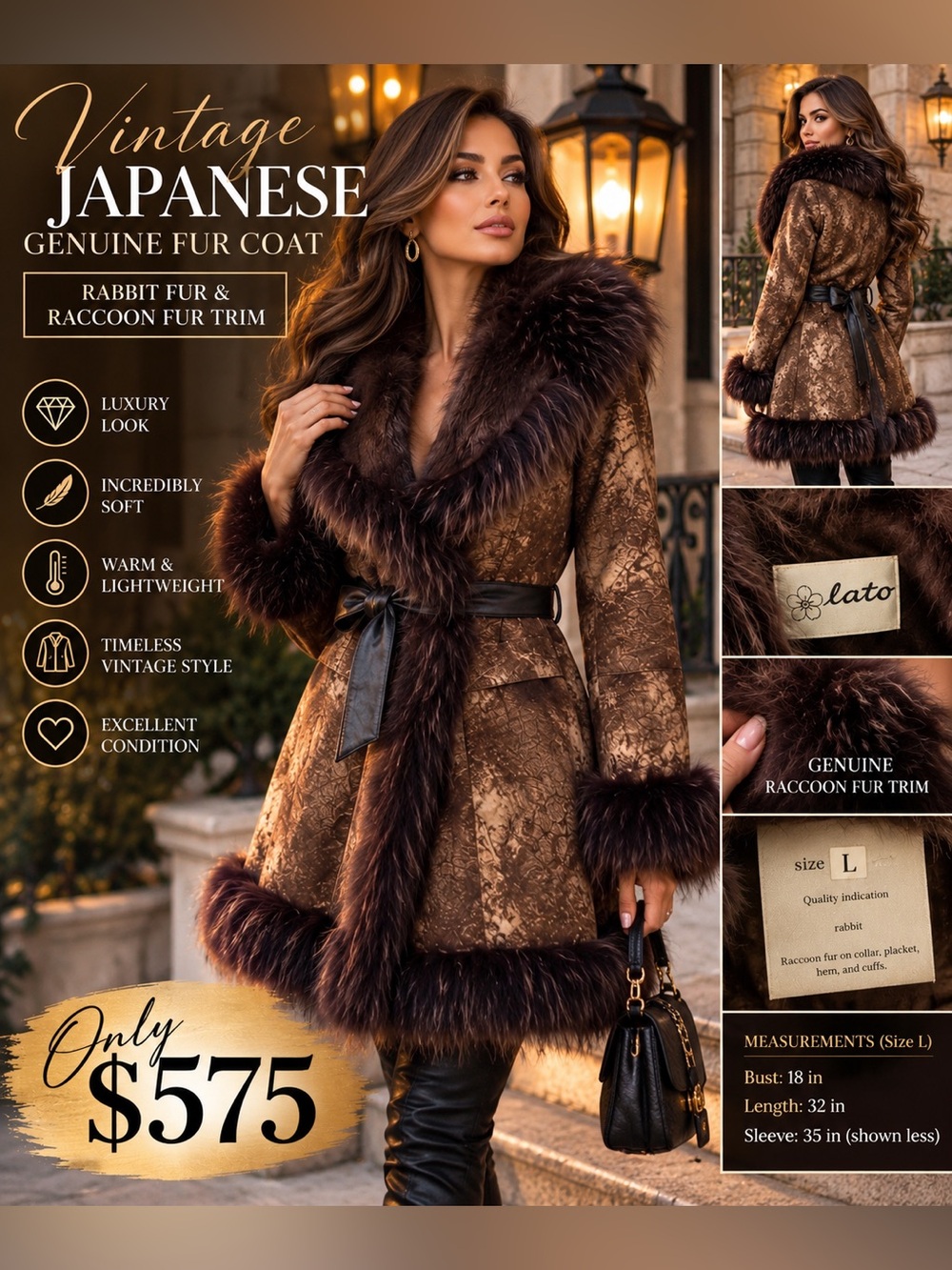 Vintage LaTooku Rabbit Fur Coat Raccoon Trim Brown Penny Lane Y2K Size L Boho
